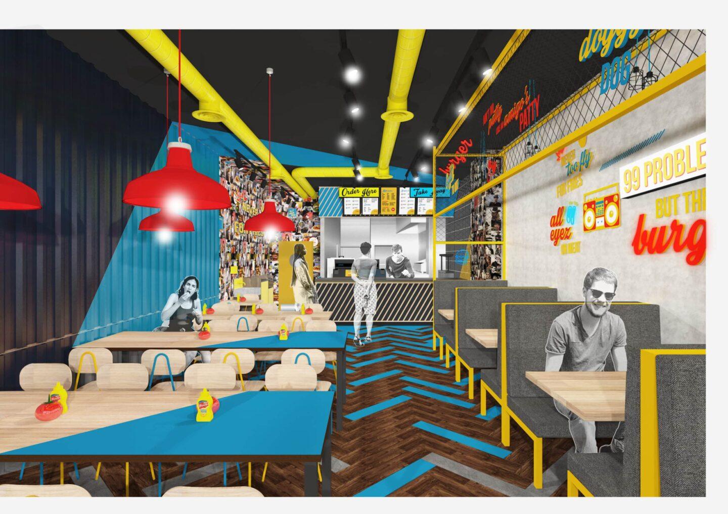 A modern burger restaurant interior featuring colorful decor with red pendant lights, a vibrant blue wall, and a mural of photographs. Dining tables with mustard bottles are arranged throughout, alongside gray booths. An ordering counter with a menu is visible, and patrons are seen in the space.